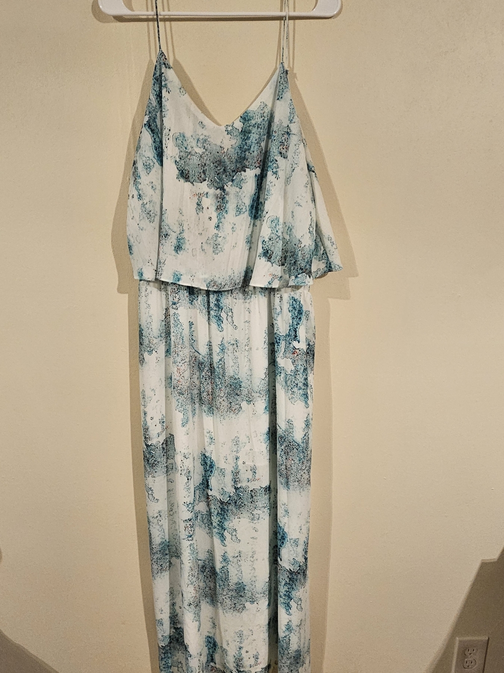 White Maxi Dress with Teal Watercolor Print